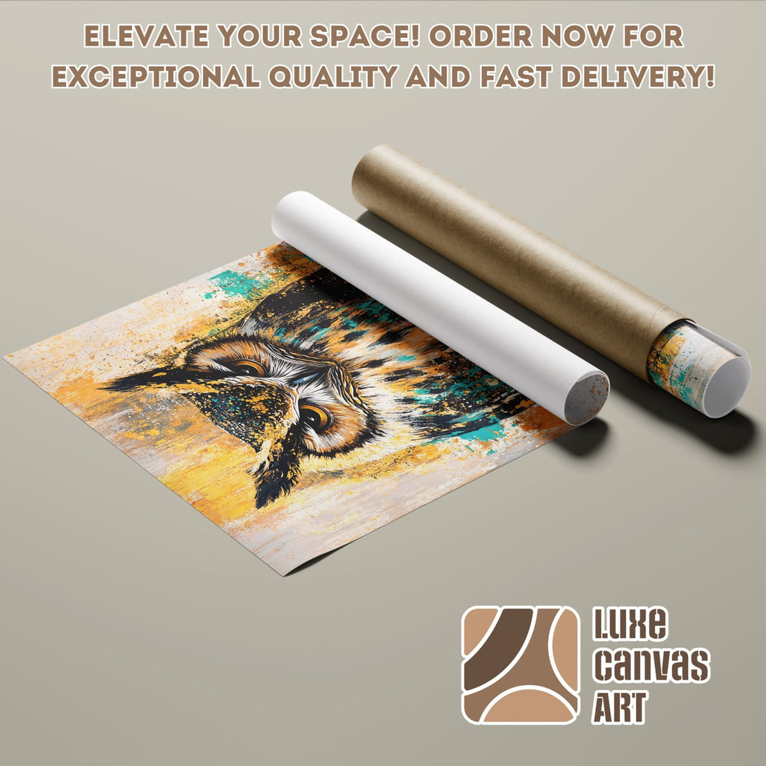 Owl art poster roll in vibrant colors. Modern abstract style, perfect wall decor. Order your poster today!