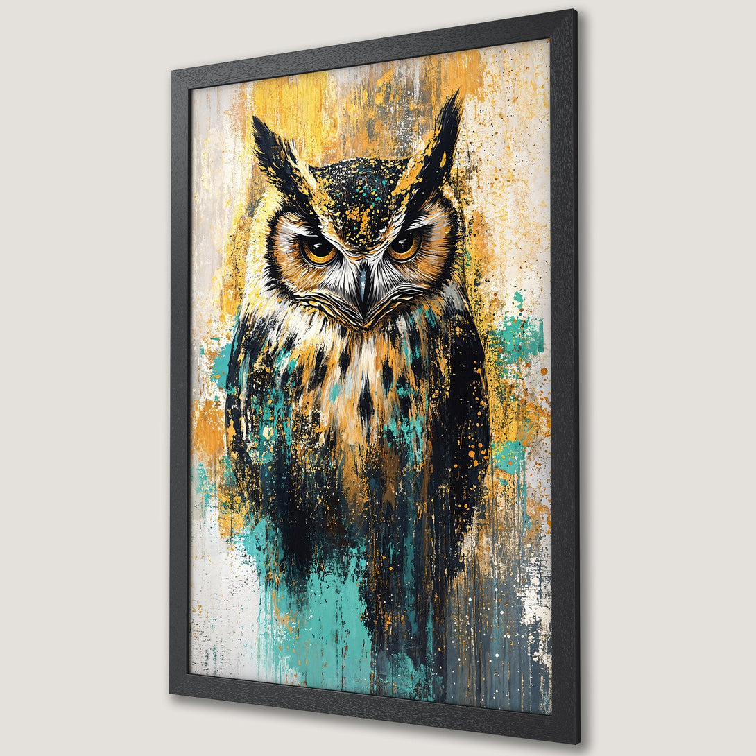 Framed Poster featuring an abstract owl painting with a vibrant yellow, teal, and black color palette. Stylish wall art for home decor.