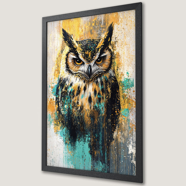 Framed Poster featuring an abstract owl painting with a vibrant yellow, teal, and black color palette. Stylish wall art for home decor.