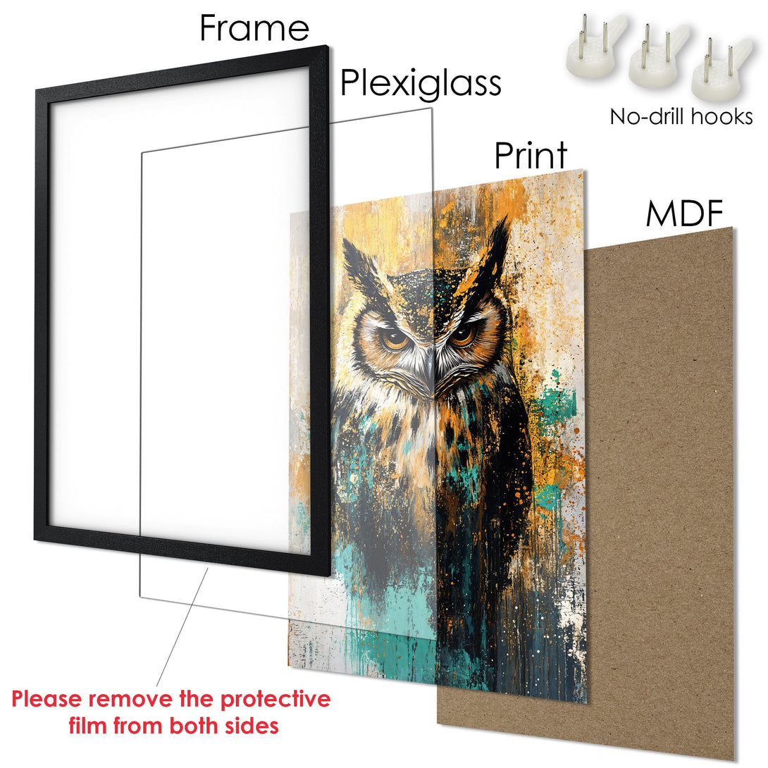 Framed Poster featuring an owl in an abstract style with a warm, earthy color palette. Add art to your space today!