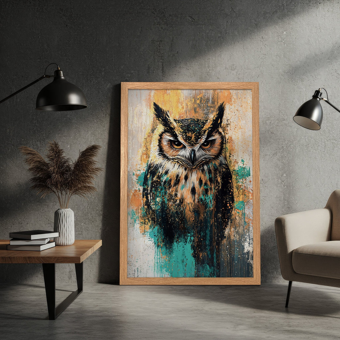 Framed Poster featuring an owl in an abstract style with a teal, gold, and black color palette. Perfect wall art for your home.