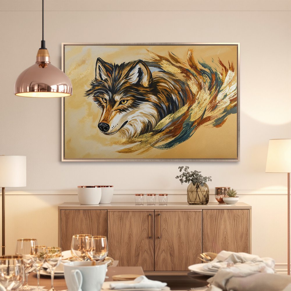 Framed Wall Art: Majestic wolf portrait in warm earth tones. Modern abstract style Canvas Print adds a touch of wild elegance to any space.