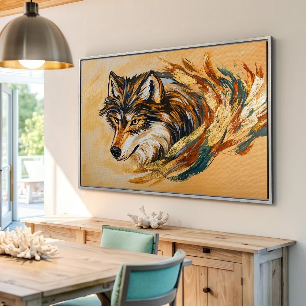 Framed Wall Art: Stunning wolf portrait canvas print in warm earth tones. Add a touch of wildlife art to your home decor.