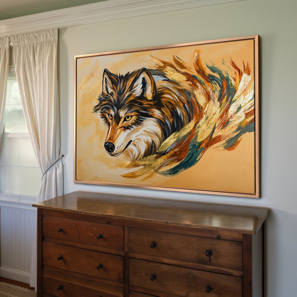 Framed Wall Art: Stunning wolf portrait canvas print in warm gold, brown, and teal tones. Modern art perfect for any home decor.