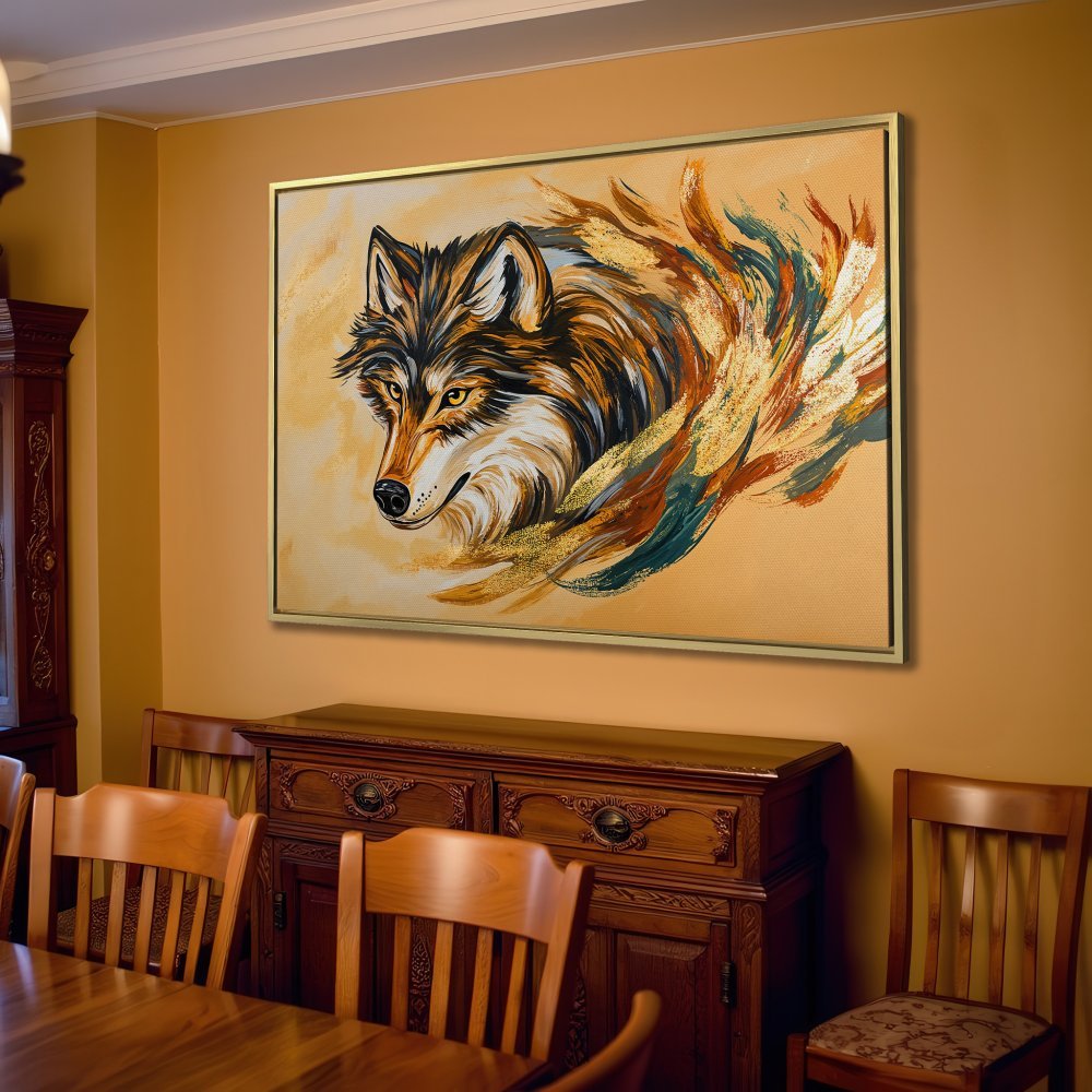 Canvas Print: Majestic wolf art in warm, earthy tones. Perfect for your living room! Enhance your space with this stunning wall art.