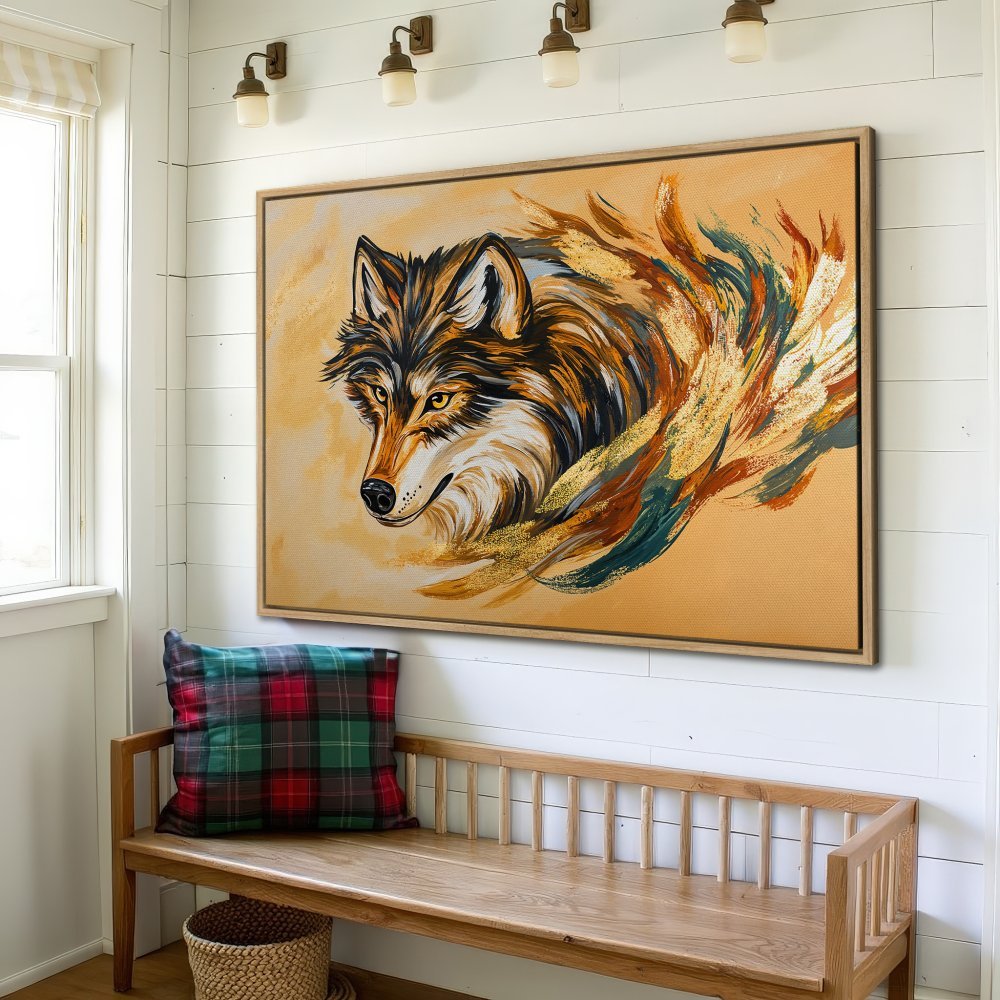 Framed Wall Art: Majestic wolf portrait in warm orange, brown, and gold tones. Modern abstract style Canvas Print perfect for any room.