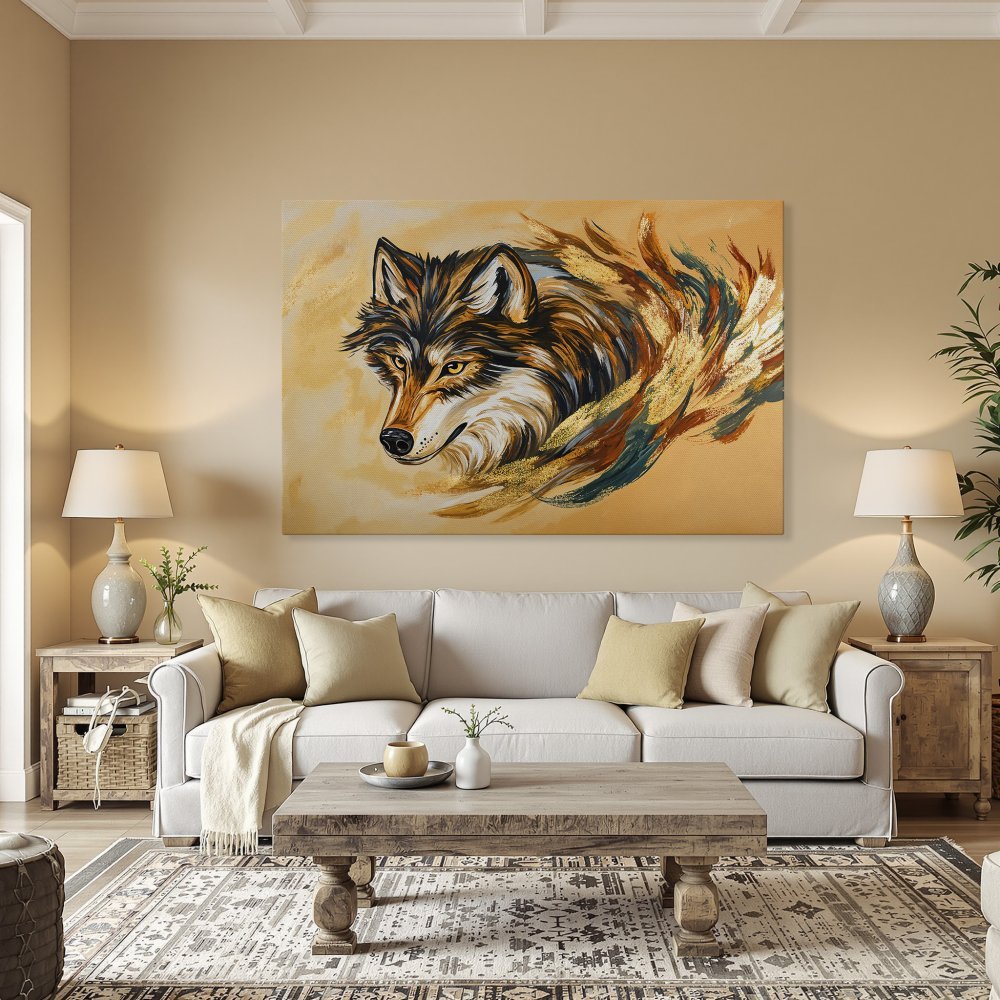 Framed Wall Art: Majestic wolf portrait with vibrant brushstrokes in warm earth tones. Elevate your space with this stunning canvas print!