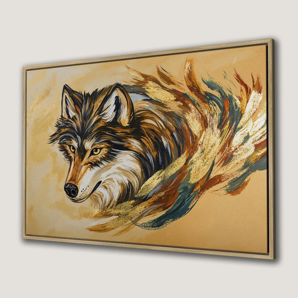 Framed Wall Art: Majestic wolf portrait in warm earth tones and gold accents. Stunning canvas print for your home decor.