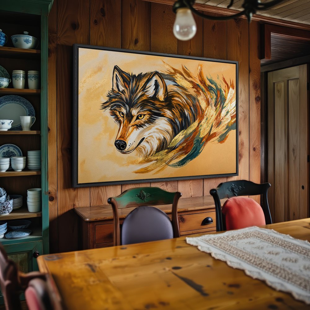 Framed Wall Art: Majestic wolf portrait in warm tones. Add a touch of wilderness to your home with this stunning canvas print!