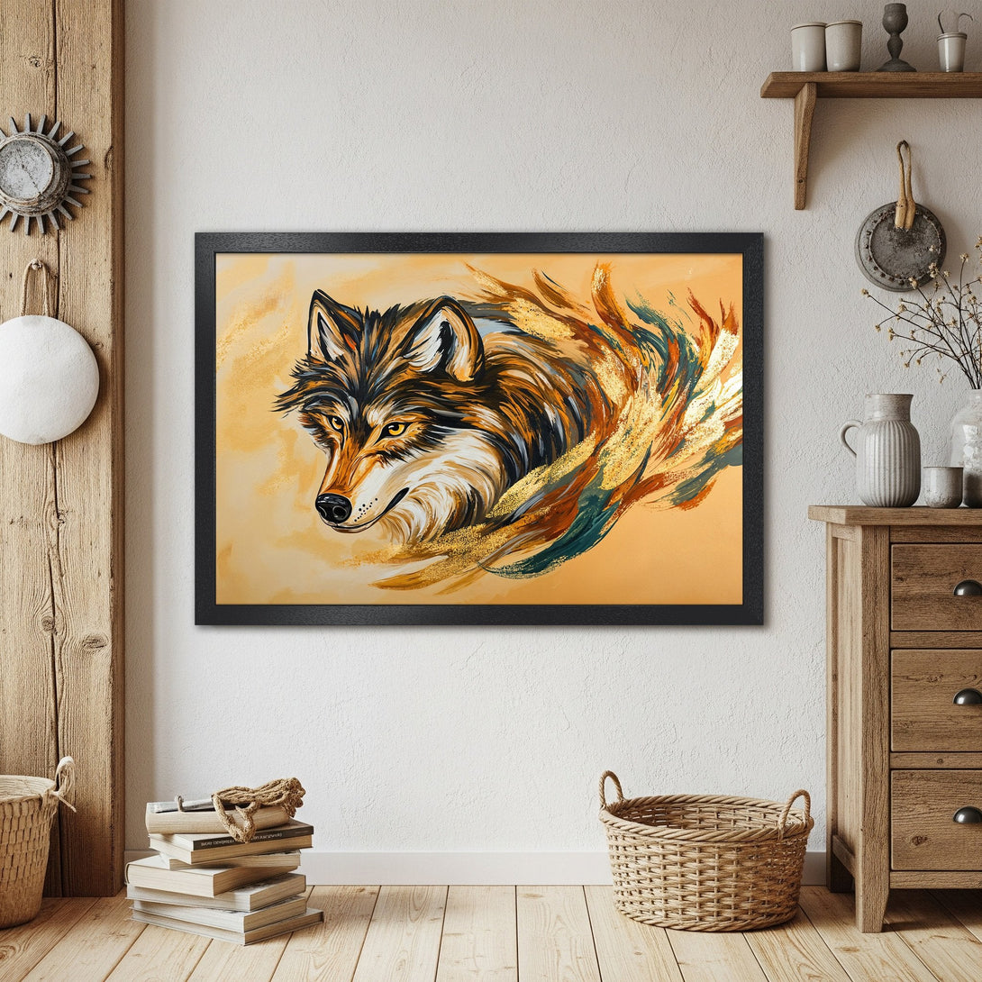 Framed Poster featuring a wolf in a modern, artistic style with a warm, earthy color palette. Perfect wall art for your home!