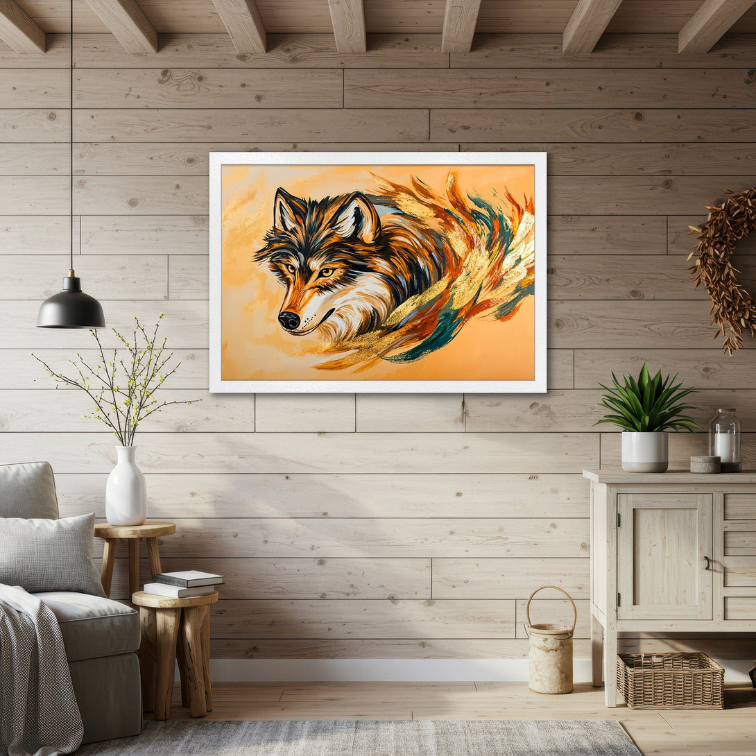 Framed Poster featuring a wolf art print in a modern style with warm orange and teal tones. Perfect wall decor!