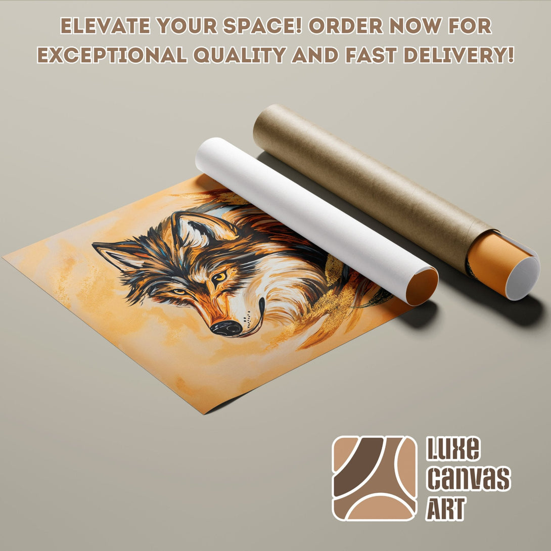 Wolf art poster roll, warm color palette. Elevate your space with this stunning artwork! Order now.
