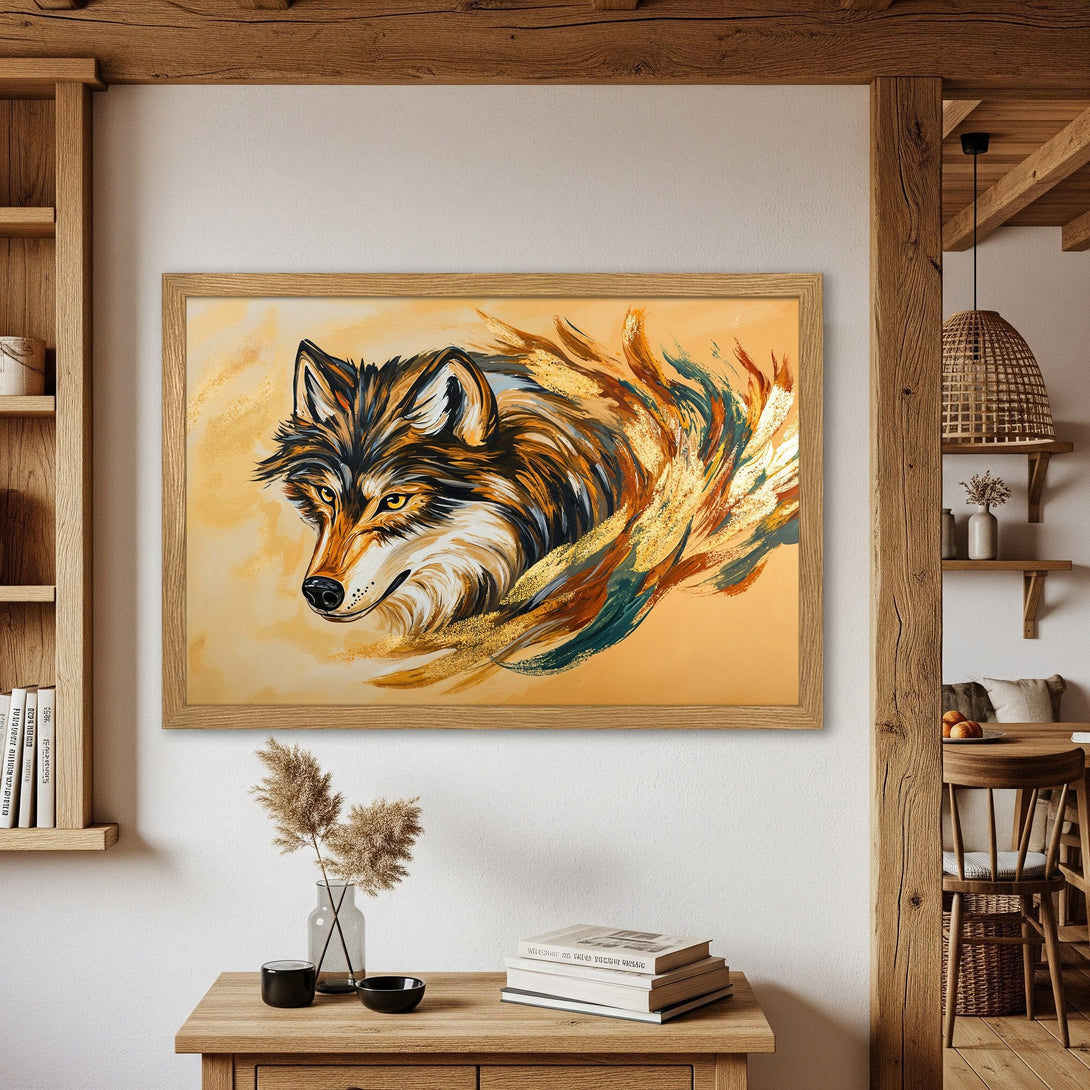 Framed Poster featuring a majestic wolf in an abstract style with a warm, earthy color palette. Perfect wall art for any space!