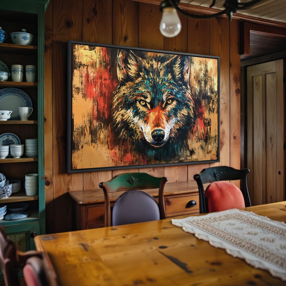 Framed Wall Art: Majestic wolf portrait canvas print with a vibrant, warm color palette. Perfect for rustic decor!
