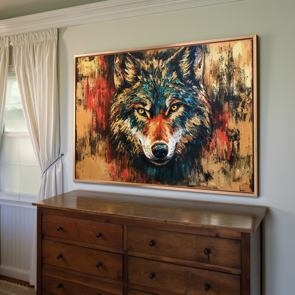 Framed Wall Art: Stunning wolf portrait canvas print with vibrant, warm colors. Modern art for your home decor.