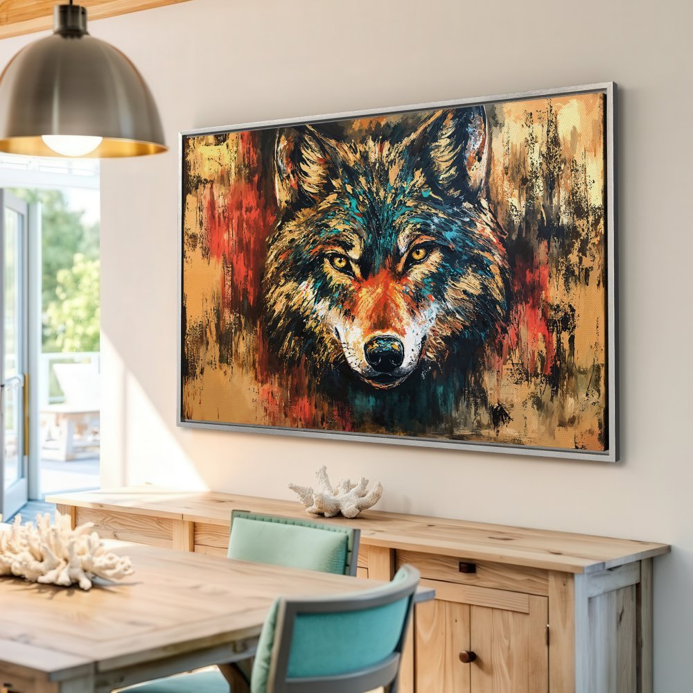 Framed Wall Art: Bold wolf portrait Canvas Print with vibrant teal, orange, and gold palette. Add a touch of wilderness to your decor!