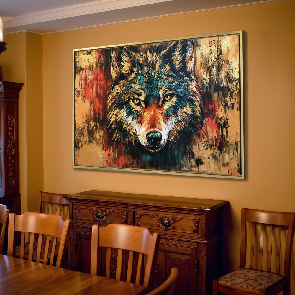 Canvas Print of a majestic wolf, showcasing a vibrant, abstract style with a warm, earthy color palette. Perfect wall art!