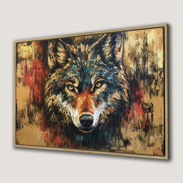 Framed Wall Art: Majestic wolf portrait in an expressive, painterly style. Earthy tones with pops of red and gold. Perfect statement piece.