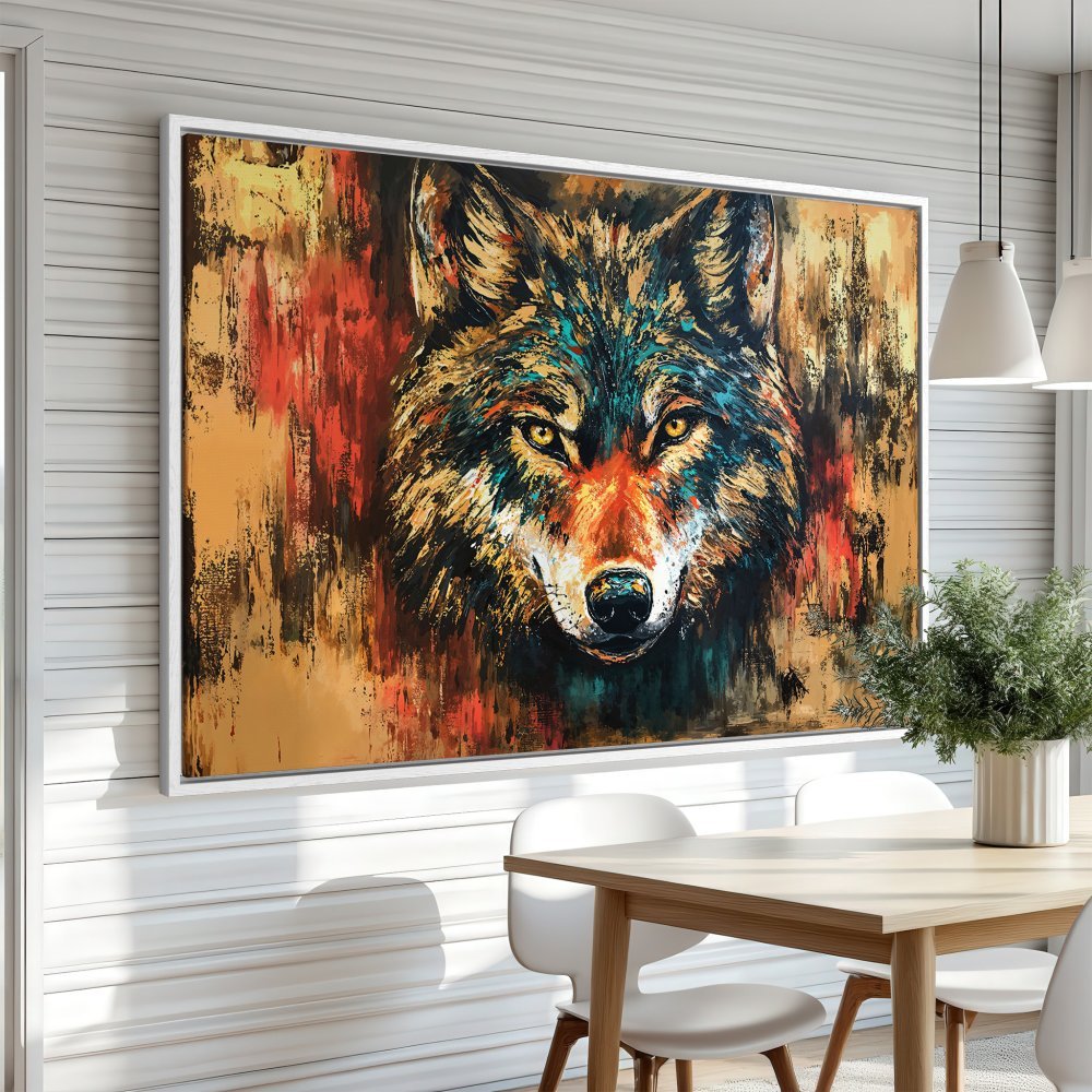 Framed Wall Art: Powerful wolf portrait in vibrant, abstract style. Warm, earthy tones with pops of teal and orange. Elevate your space with this stunning canvas print!