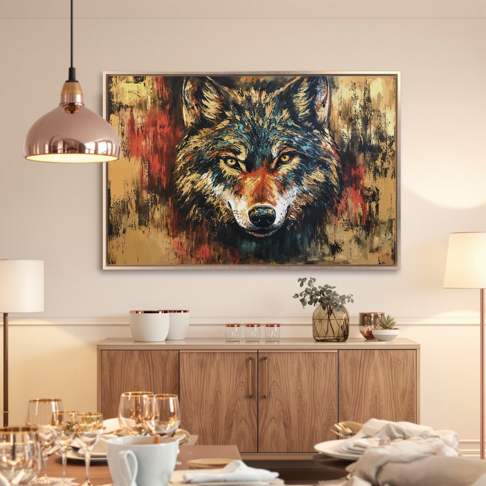 Framed Wall Art: Stunning wolf portrait canvas print, featuring a bold, textured style and a rich color palette of gold, red, and teal. Elevate your space!