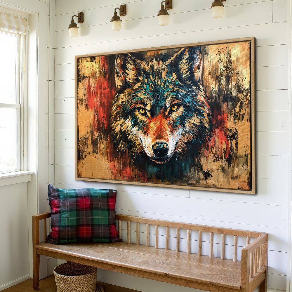 Framed Wall Art: Powerful wolf portrait in vibrant colors. Modern canvas print with red, gold, and teal palette. Enhance your home decor with this stunning artwork.