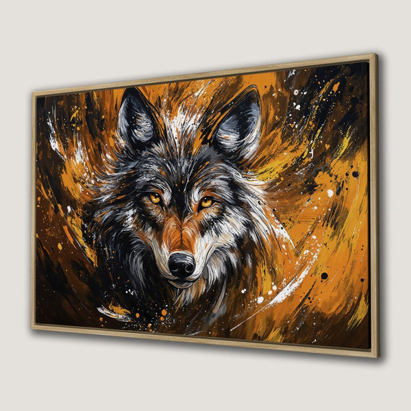 Framed Wall Art: Powerful wolf portrait in abstract style. Warm orange, black, and white color palette. Add this stunning Canvas Print to your decor!