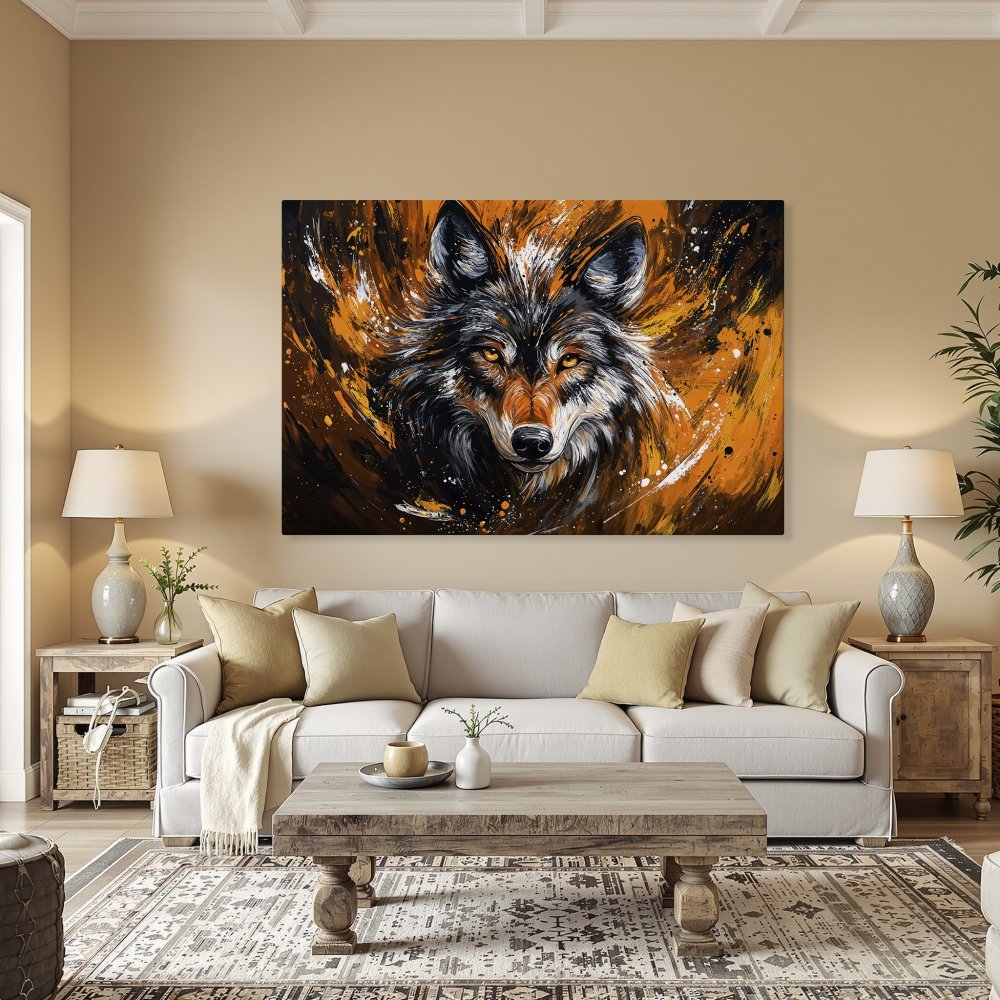Framed Wall Art: Stunning wolf portrait Canvas Print. Abstract style with a vibrant orange, black, and white color palette. Elevate your space!