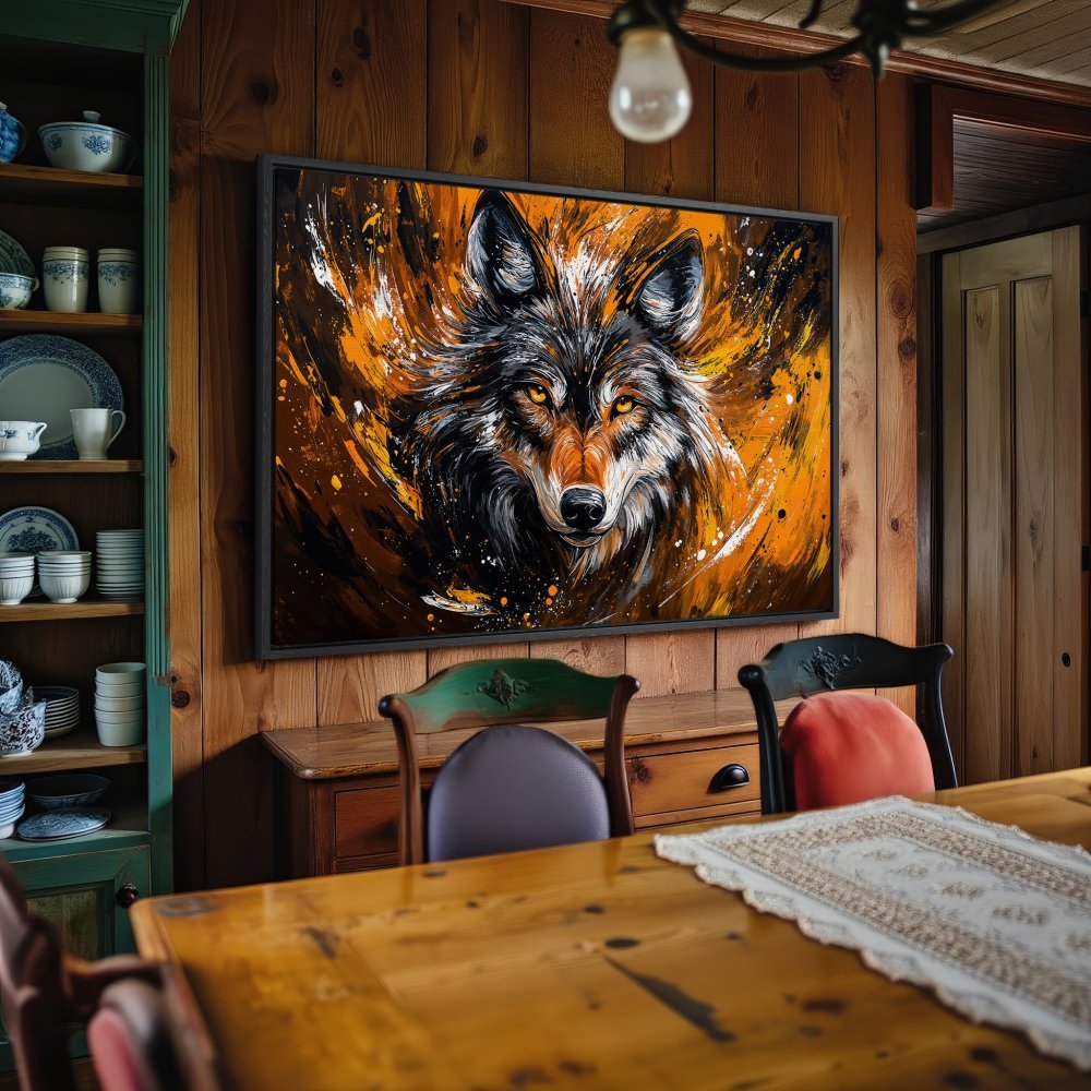Framed Wall Art: Bold wolf portrait in vibrant orange and black, a striking addition to any rustic interior. Shop now!