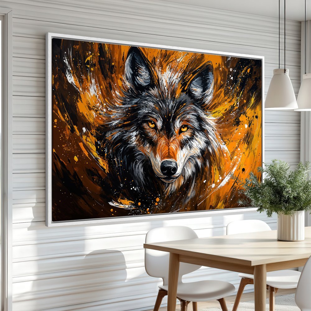 Framed Wall Art: Majestic wolf portrait in vibrant orange, black, and white abstract style. Transform your space with this stunning Canvas Print!