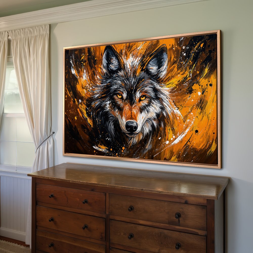 Framed Wall Art featuring a vibrant wolf painting with a bold orange and black color palette. Modern abstract style, perfect for home decor.