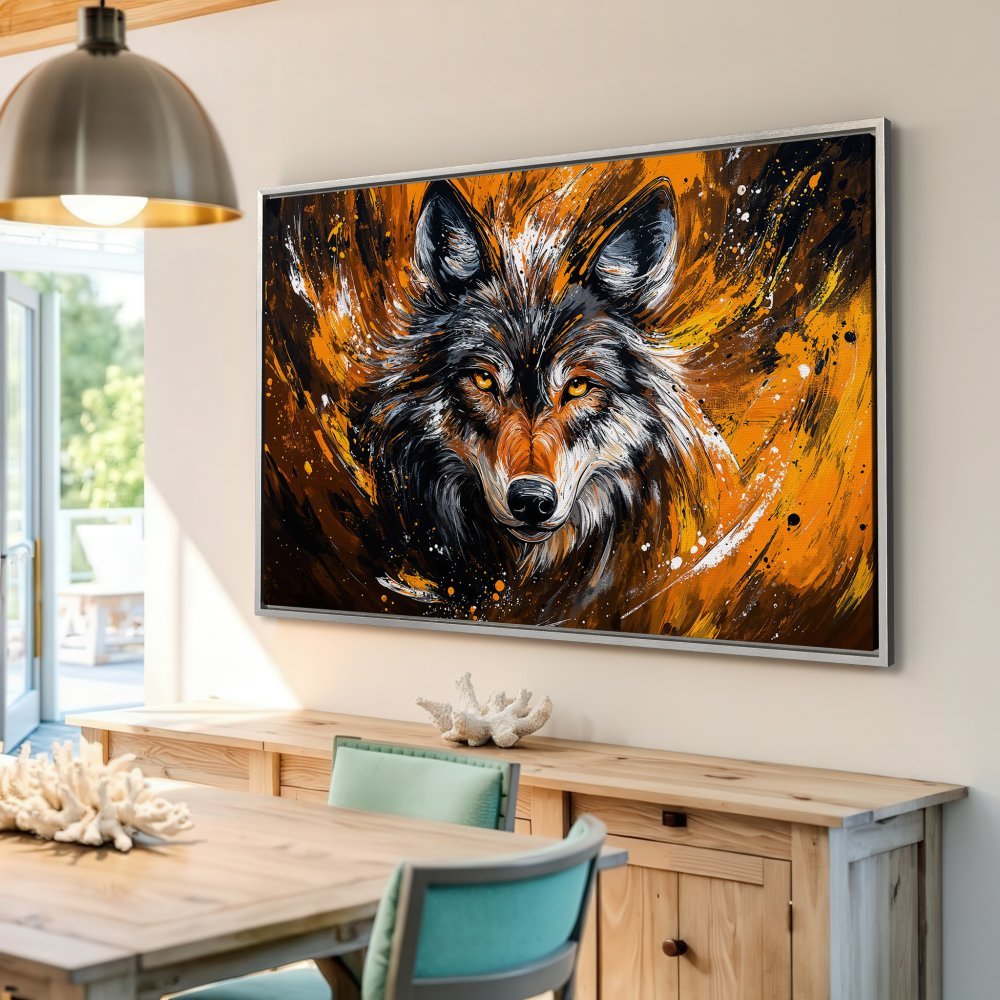 Framed Wall Art: Abstract wolf portrait in orange and black, perfect for modern home decor. Add a bold statement with this canvas print!