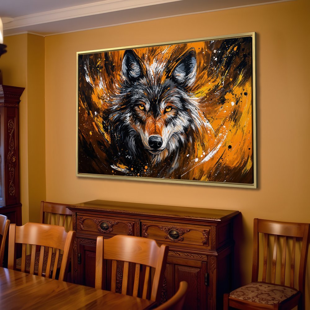 Canvas Print of a majestic wolf, abstract art style, in a warm orange and black color palette, perfect for home decor.