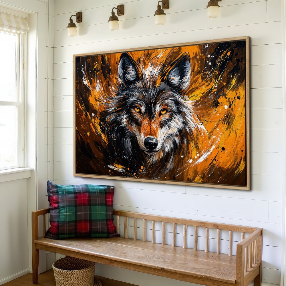 Framed Wall Art: Majestic wolf portrait in vibrant orange and black abstract style. Elevate your space with this stunning canvas print!