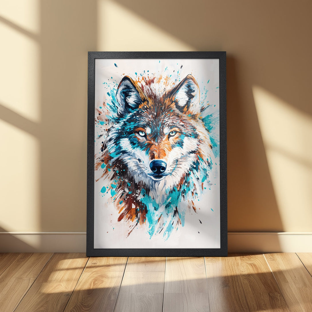 Framed Poster featuring a watercolor wolf portrait. Stunning artwork with teal, brown, and white color palette. Perfect wall decor!