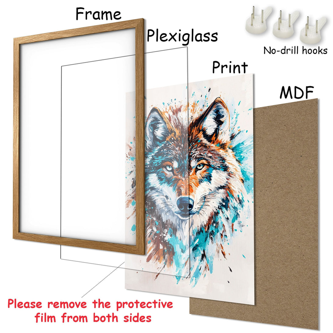 Framed Poster featuring a wolf in an abstract style with a blue, orange, and white color palette. Perfect wall art!
