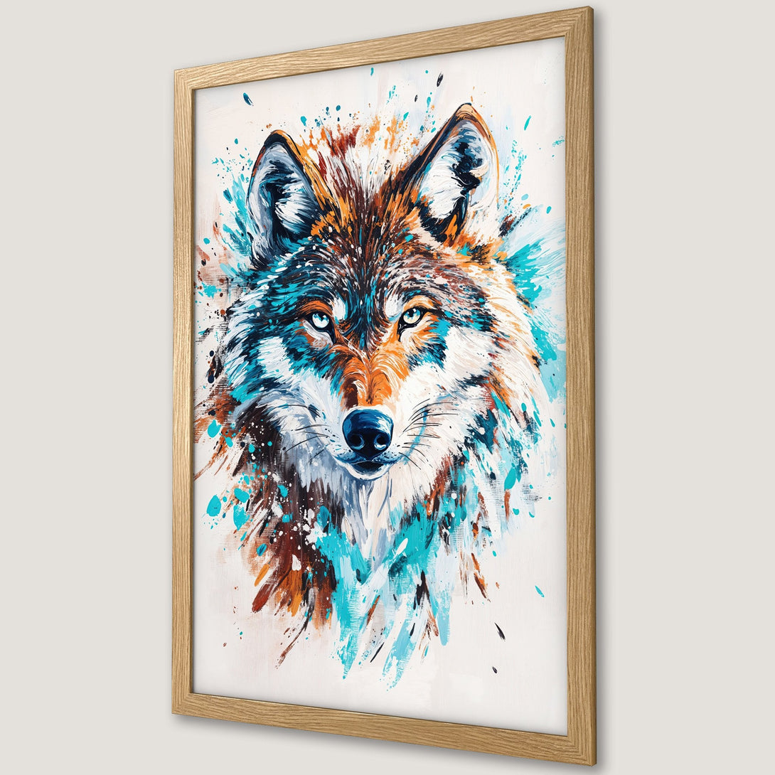 Framed Poster featuring a vibrant wolf portrait in a watercolor style with a blue, brown, and white color palette.