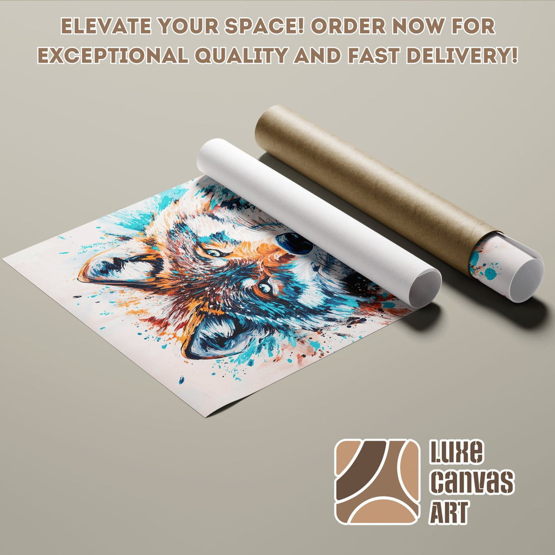 Abstract wolf art Poster Roll in blue, orange, and brown tones. Elevate your space with Luxe Canvas Art!