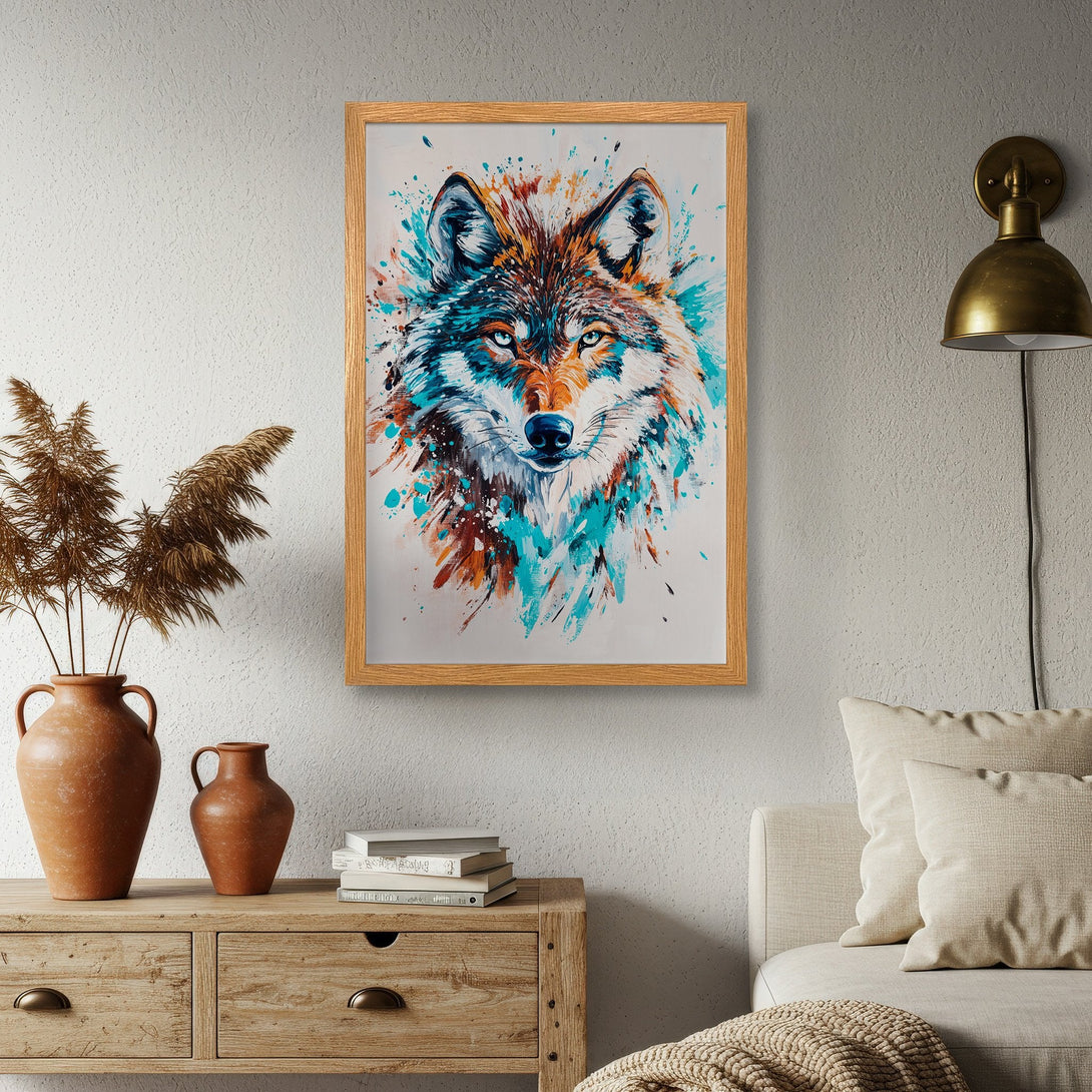 Framed Poster featuring a wolf in vibrant watercolor style. Bold blues, oranges, and browns create a stunning art piece. Perfect wall decor!