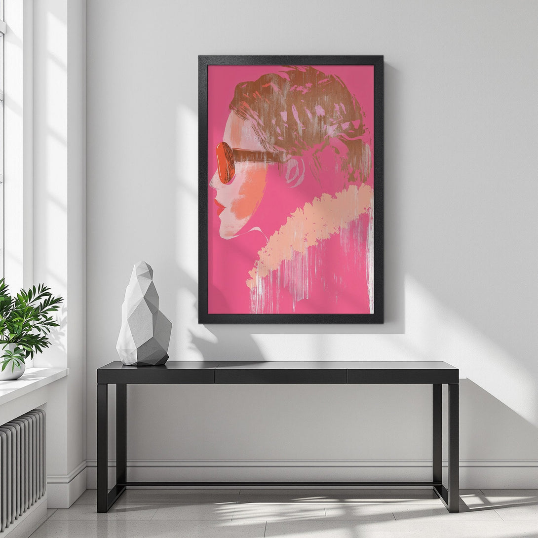 Framed Poster of woman in sunglasses, pop art style, pink and gold color palette. Perfect wall art!