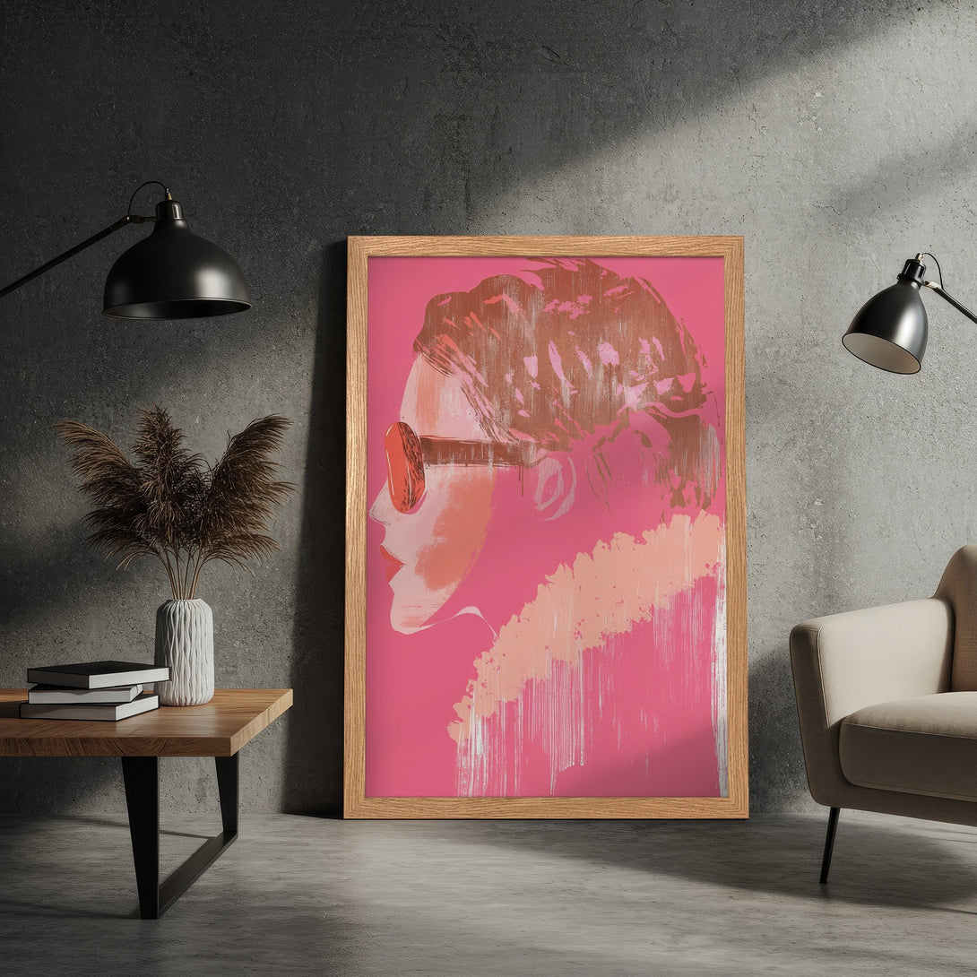 Framed Poster featuring a stylish woman in sunglasses, abstract art style, pink and brown color palette. Perfect wall decor!