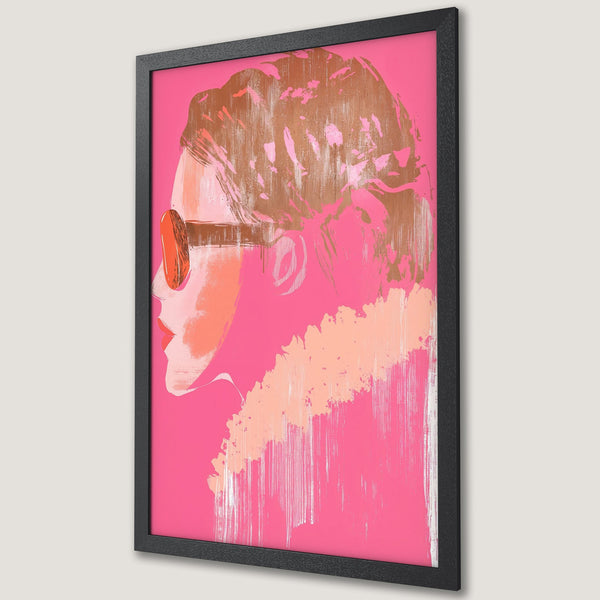 Framed Poster featuring a woman's profile in a pop art style with a pink, peach, and brown color palette.