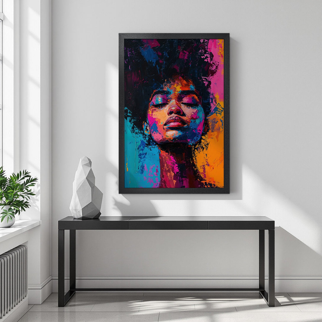 Framed Poster featuring a vibrant abstract portrait with a colorful palette of blues, pinks, and oranges. Modern art for your home!