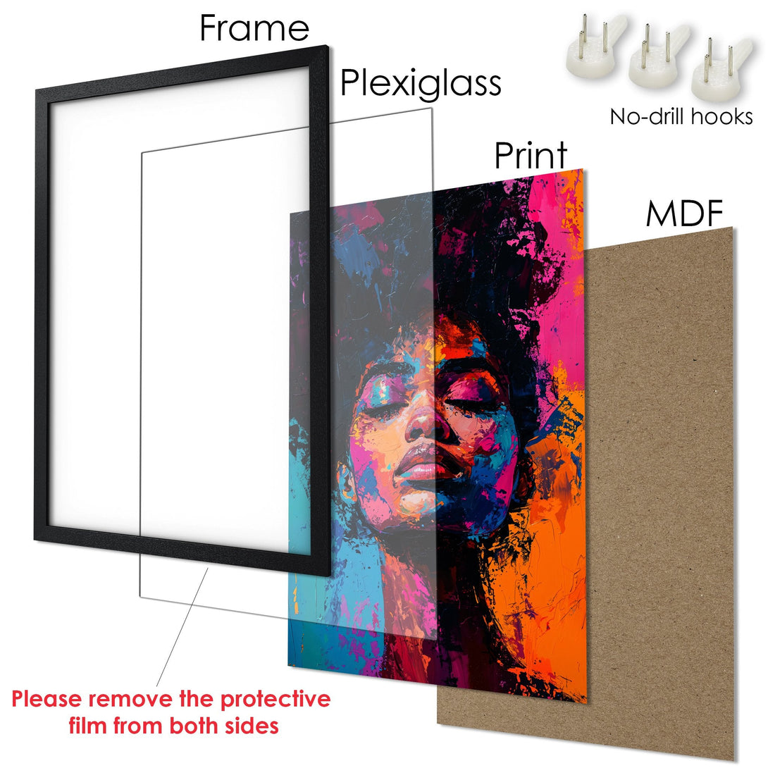 Framed Poster featuring a vibrant abstract portrait with a colorful palette of blue, pink, and orange. Perfect wall art!