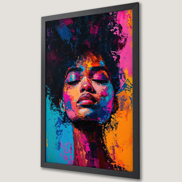 Framed Poster featuring a vibrant abstract portrait with a colorful palette of pink, blue, and orange. Perfect wall art!