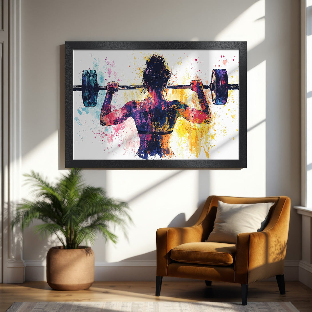 Framed Poster: Watercolor style woman lifting weights, vibrant colors. Perfect for home gym decor. Motivational art poster.