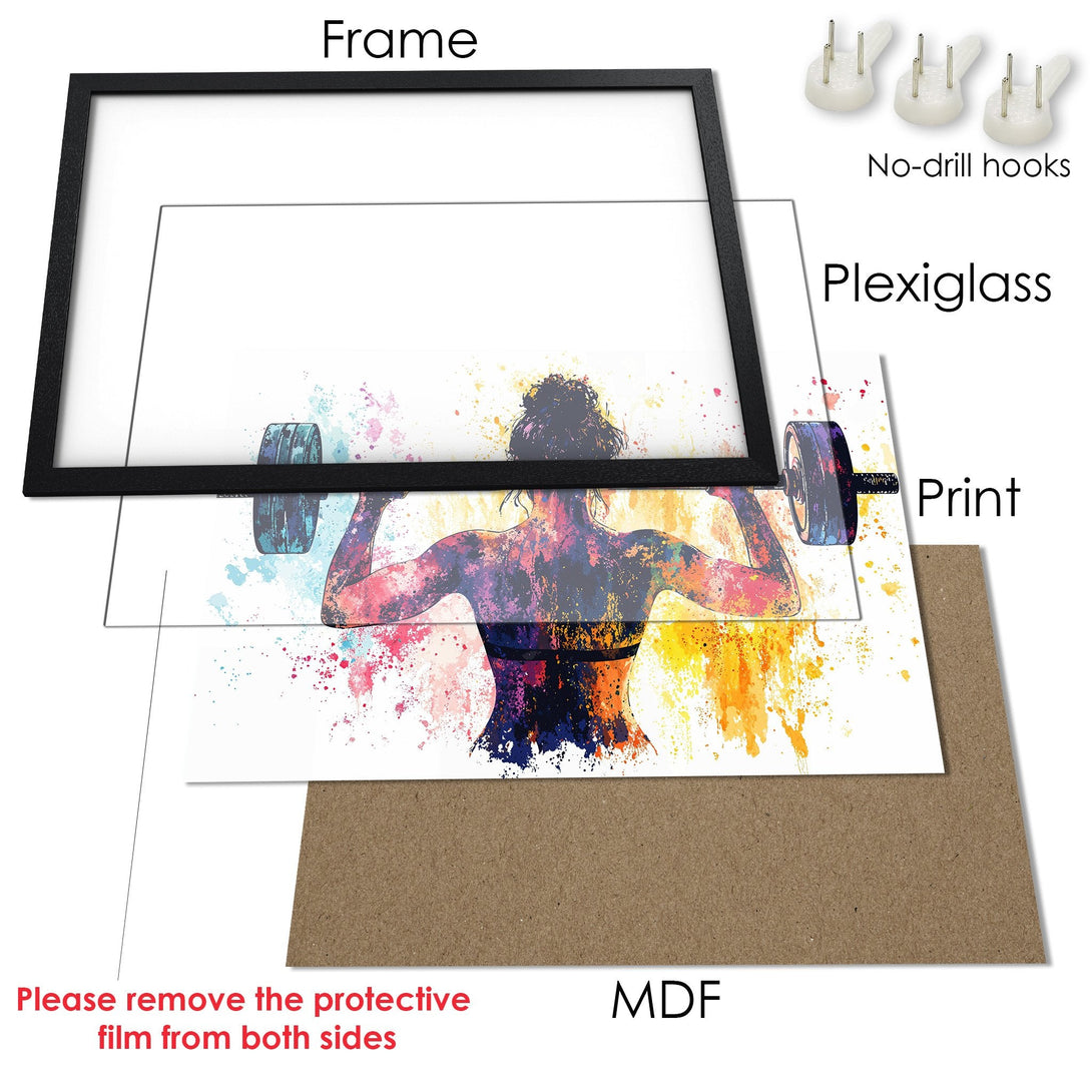 Framed Poster featuring a watercolor style woman lifting weights, vibrant colors. Perfect for home gym decor!