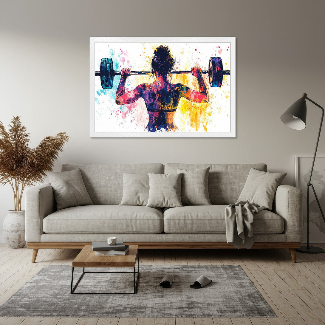 Framed Poster of a weightlifter in a watercolor style, vibrant multi-color palette, perfect for home gym or fitness decor.