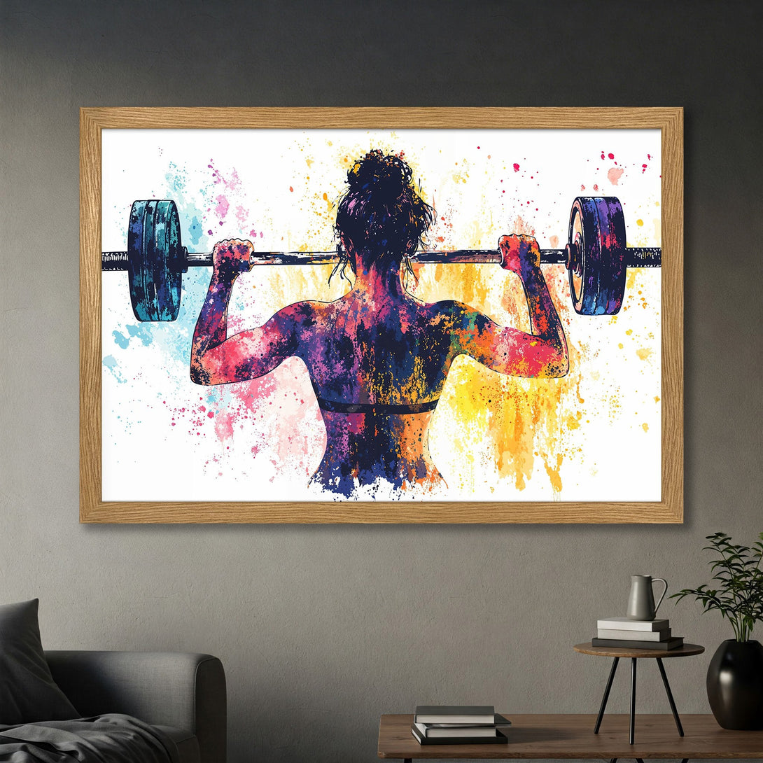 Framed Poster of weightlifting woman, watercolor style, vibrant colors. Perfect fitness wall art!