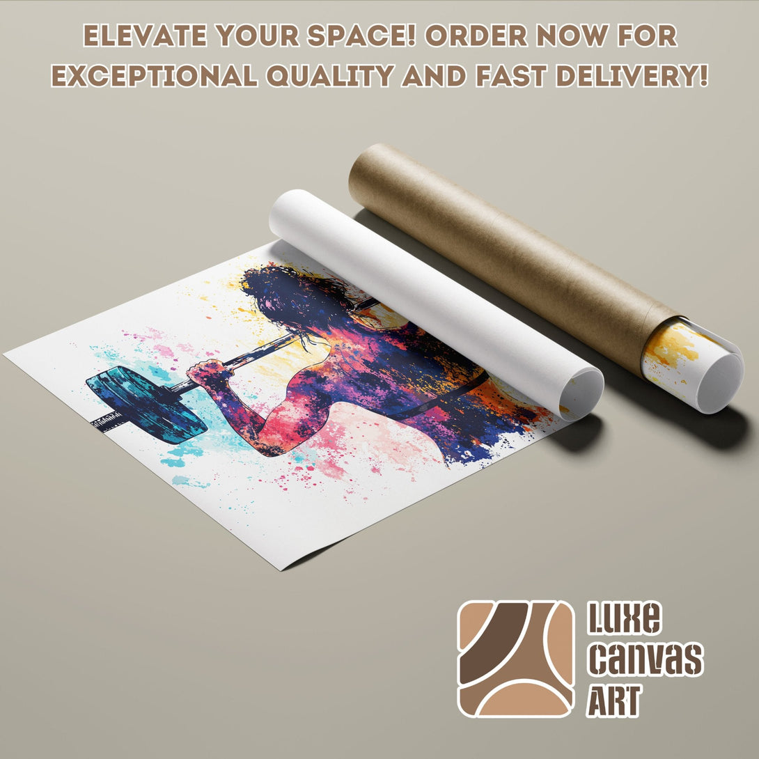 Poster Roll featuring a colorful watercolor style weightlifter. Vibrant pink, blue, and purple art.
