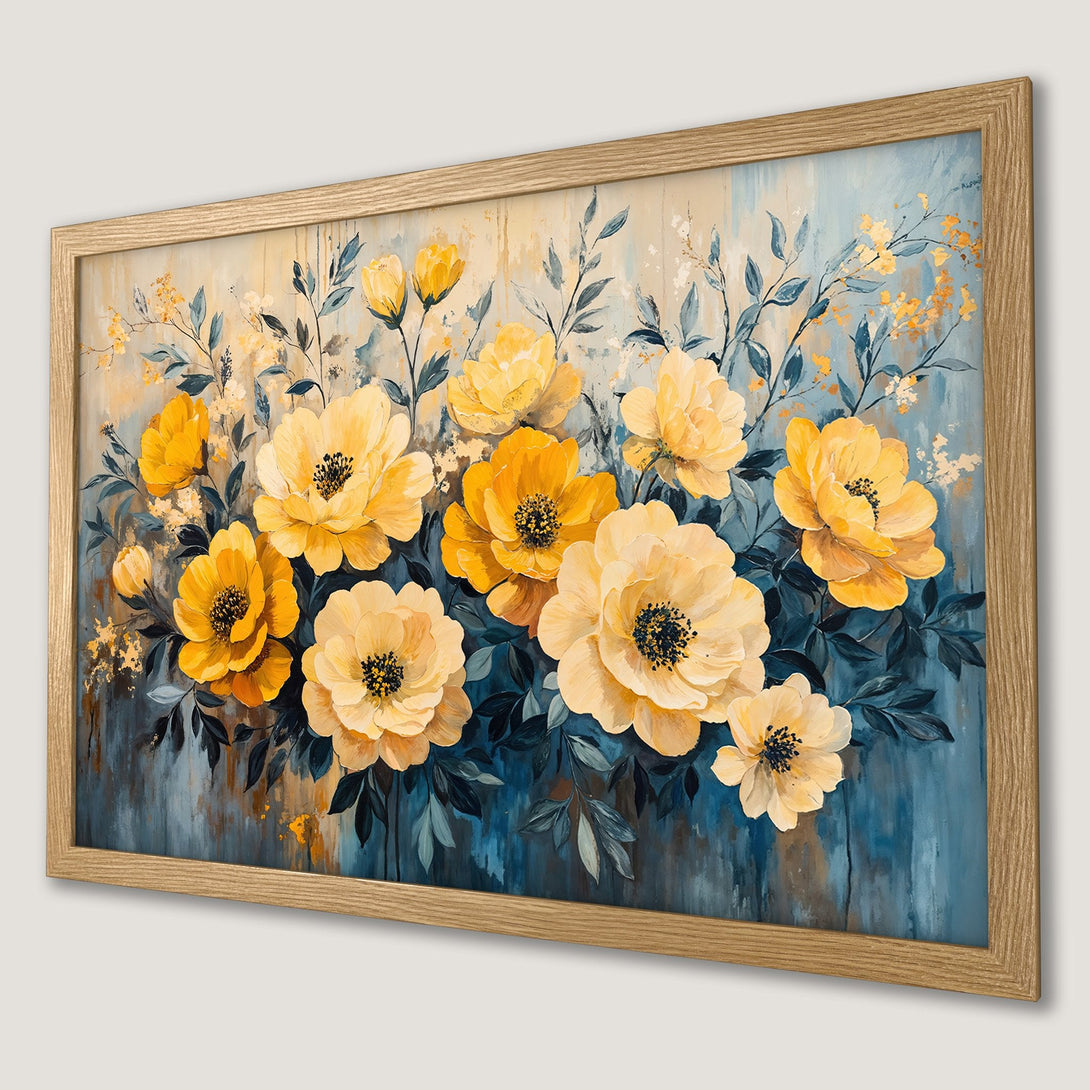 Framed Poster featuring vibrant yellow floral art with a blue and gold color palette, perfect for home decor.